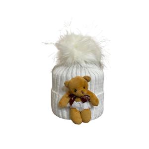 Cappello per bambini mascotte con pompon di piume e orsacchiotto