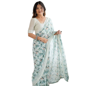 Hermosa viscosa de satén puro de Bollywood con Sari de trabajo Zarkan pesado - Product Image 3