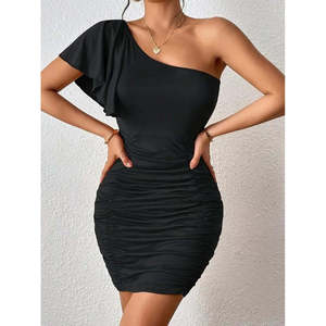 Vestido Mini Ajustado Asimétrico de un Solo Hombro con Fruncido para Mujer de Jane, Estilo Elegante en Tela Sandy para Fiestas Nocturnas - Product Image 2