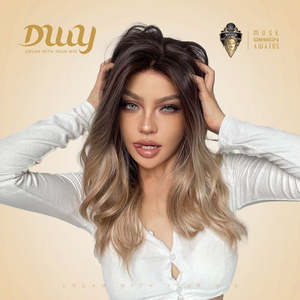Billie-Jo-DWY 20 Inches Glueless Synthetic <b>Wig</b> for Women 136 Lace Front Free Part Mid-Length Wavy <b>Brown</b> Gradient Transparent - Product Image 3