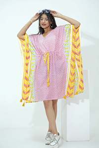 Kaftan marron imprimé bloc à la main pour femmes design de feuille florale élégant traditionnel indien coton vêtements de détente robes décontractées - Product Image 2