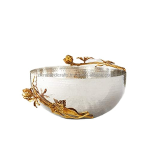 Bols à décor de feuille à thème sauvage bol à fruits entièrement en acier service alimentaire et décoration mélange plat de service de forme ronde - Product Image 1