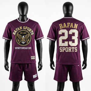 ชุดเซ็ตเสื้อยืดและกางเกงขาสั้นผู้ชาย พรีเมียม 160 GSM ผ้าตาข่าย สีแดงเลือดหมู ลายกราฟิกสีทอง ระบายอากาศได้ดี รับสั่งพิมพ์ลายตามต้องการ - Product Image 3