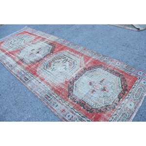 4.3x11.3 ft Vintage Turkish Rug, <b>Runner</b> Rug, <b>Red</b> Blue Southwestern Wool Rug - Product Image 4