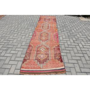 Tapis Kilim Rouge Orange 2.8X10.8 pieds Tapis en laine turque à tissage plat Tapis de salon ou de couloir de grande surface pour adolescents - Product Image 1