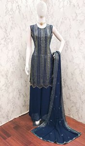 Costume Salwar trois pièces en tissu de soie Georgette à fleurs lourdes avec ensemble Dupatta - Product Image 5