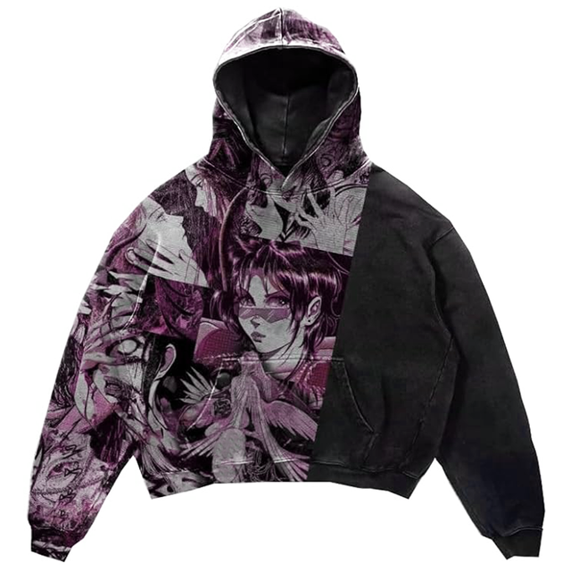 Custom Men's Anime Hoodie 100% Cotton Heavyweight Acid Wash Printed Pocket Streetwear Color Block Hoodie Y2K