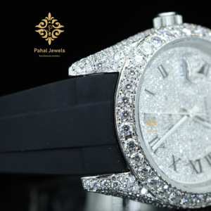 นาฬิกาเพชรโมอิสซาไนต์แบบชิมเมอร์ ไอซ์ หรูหรา ระบบกลไก หน้าปัดสีขาว สายยางสีดำ ตัวเรือนสแตนเลส - Product Image 6