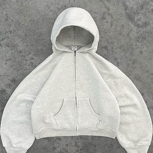 100% 450 Gsm algodón cremallera completa pesada de gran tamaño recortada con capucha para hombres logotipo personalizado abrigo de invierno liso holgado para hombres - Product Image 1