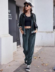 Women's Stylish Cozy Velvet Lounge <b>Tracksuit</b> 2-Piece Velour Outfit Zip-Up Top Sweatpants Pockets Breathable Stylish Loungewear - Product Image 3