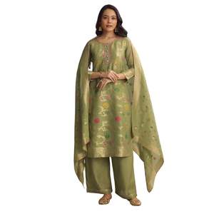 Costume de palazzo en tissu Banarasi vert Vente en gros de vêtements ethniques pour femmes OEM Usine de vêtements Fournisseur en vrac Fabricant de mode personnalisé - Product Image 3