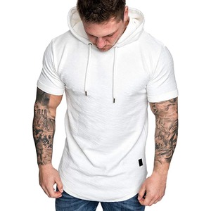 T-shirt à capuche à manches courtes de couleur unie pour hommes de différentes couleurs avec cordon de serrage - Product Image 5