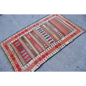 Alfombra de lana blanca y roja Kilim de área grande, 3,3x5,8 pies, tejido plano turco, respaldo de látex, patrón rectangular para pasillo, Alfombra de habitación modelo - Product Image 2