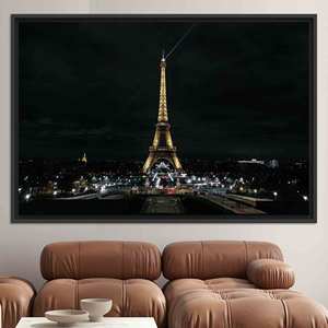 Lienzo impreso con vista nocturna de la Torre Eiffel: elegante arte de pared con paisaje urbano, lienzo con marco negro - Product Image 1