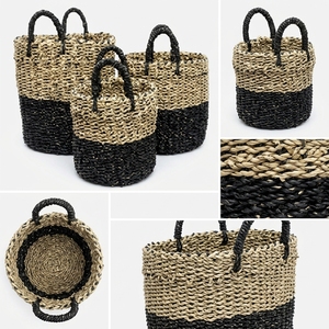 Natural Seagrass Storage <b>Basket</b> Set Black Bottom Dip Wrapped Handle Round Pot Planter Laundry Setup Decor Pure Art Design - Product Image 2
