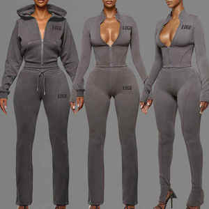 ชุดออกกำลังกายสองชิ้น เสื้อครอปและเลกกิ้งผ้ายืดสูง พิมพ์โลโก้ OEM ได้  ชุดวอร์มผู้หญิงทรงเข้ารูป  ชุดเข้าเซ็ตไซส์พลัสสำหรับฤดูหนาว - Product Image 2