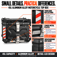 Vente en gros directe d'usine, boîte à bagages arrière pour moto en alliage d'aluminium 45L, étanche, coffre rigide pour moto