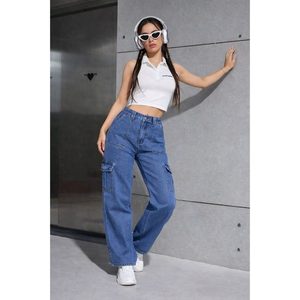 Jeans de Mezclilla para Mujer, Color Azul Piedra, Transpirables, Ecológicos, Corte Holgado, Cintura Alta, Estilo Cargo con 6 Bolsillos, Moda Verano-Otoño, Talla 26-40 - Product Image 6