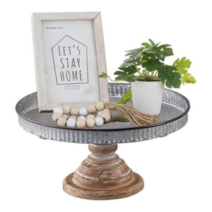 Support de service à deux niveaux de style élégant en métal galvanisé et plateau de présentation en bois massif avec poignée pour gâteaux, desserts et fruits - Product Image 3