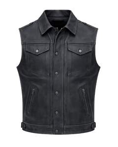 Men Dark Grey Leather <b>Vest</b> Button Up Closure <b>Black</b> Lining and Multiple Pockets - Product Image 2