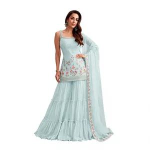 Nuevo vestido de diseñador para mujer estilo Bollywood Sahara con elegante bordado floral, semicosturado. - Product Image 1