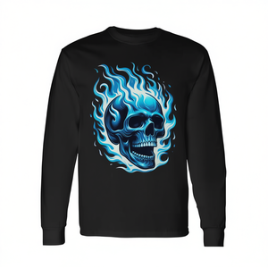 T-Shirt Unisex a Maniche Lunghe con Stampa Digitale Teschio Blu Fiammeggiante, Girocollo, per Adulti - Product Image 2