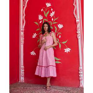 Vestido de Verano Rosa con Estampado de Cuadros, Cuello Cuadrado, Elegante, Casual, Largo hasta el Suelo, Diseño Transpirable con Mangas Abullonadas, para Cualquier Temporada, Talla XS, 2 Piezas - Product Image 3