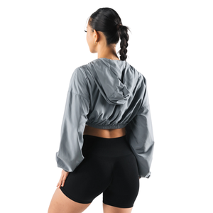 <b>Womens</b> Nylon Cropped <b>Jacket</b> Lightweight <b>Windbreaker</b> Long Sleeve Elastic Hem Zip Front Activewear Casual Top - Product Image 3