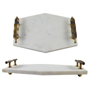 Trendsetting Handmade Natural/<b>Gold</b> Marble & Aluminium <b>Serving</b> <b>Tray</b> with Leaf Handles Custom Size for Home Hotel & Restaurant Use - Product Image 1