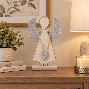 Décoration d'ange en bois faite à la main avec des ailes scintillantes et un pendentif en forme de cœur, ornement de table rustique pour Noël - Product Image 2