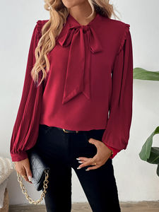 2025 más nuevo Color rojo pajarita cuello linterna manga larga diseño elegante mujeres Casual suelta Tops y blusa - Product Image 2