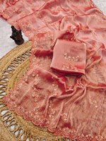 Robe longue élégante en soie pure et viscose rayonne, brodée, motif floral, pour femme, idéale pour les fêtes, style traditionnel indien, infroissable