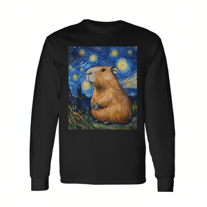 T-shirt à manches longues avec motif de nuit étoilée style Van Gogh, design promotionnel Capybara - Product Image 2