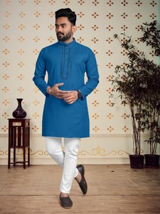 Robe de mariée traditionnelle indienne chemise bleue vêtements pour hommes haut tunique robe garçons kurta robe garçons vêtements bleu soie kurta chemise - Product Image 2