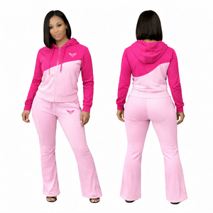 Ensemble de survêtement pour femme en gros, couleur rouge et noir, bloc de couleurs, sweat-shirt à capuche zippé, pantalon de jogging évasé - Product Image 4