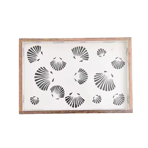 Plateau de service en bois haut de gamme avec design coquillage imprimé plateau décoratif rond et rectangulaire pour café de cuisine - Product Image 3