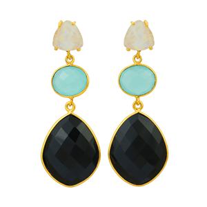 Boucles d'oreilles longues en argent sterling 925 haut naturel blanc arc-en-ciel Aqua calcédoine et onyx noir Design à la mode - Product Image 5