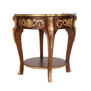 Table d'appoint ronde à deux niveaux de style français de luxe avec incrustation en bois de burl et accents en laiton doré orné pour un décor de palais classique - Product Image 4