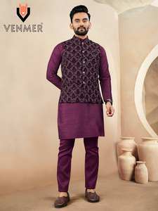 Kurta Pyjama en Soie Traditionnelle Indienne de Qualité Supérieure pour Hommes, Extensible, Longueur Genou, Velours Koti pour les Fêtes et les Événements Festifs - Product Image 4