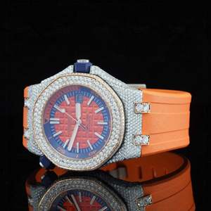 Montre mécanique sportive avec bracelet en caoutchouc orange 20 mm, boîtier en acier inoxydable couleur or rose avec cristaux de diamant, analogique, étanche 50 bars - Product Image 3
