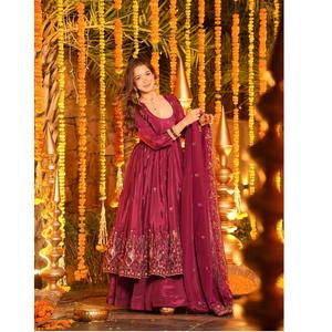 Designer Anarkali Gown with Palazzo Set Elegant Ethnic Wear Natural Creep <b>Silk</b> With Thread & Sequence Work Wedding Gown - Product Image 1