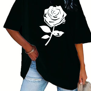Camiseta con estampado de rosas de talla grande, camiseta informal de manga corta con cuello redondo para primavera y verano, ropa de talla grande para mujer - Product Image 2