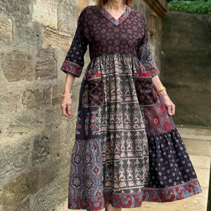 Vestido con estampado de bloques de algodón indio hecho a mano, vestido artesanal de estilo a medida para invitados de boda, ropa para fiestas y ocasiones - Product Image 1