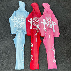 Conjunto Deportivo de Hombre, Estilo Vintage, Lavado Ácido, Bordado, 100% Algodón, Transpirable, Tejido de Punto, Diseño Sólido, Pantalones Jogger Acampanados y Sudadera con Capucha para Primavera - Product Image 3