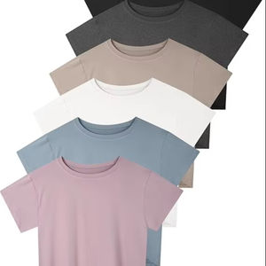 Femmes haut court 100% coton athlétique entraînement Gym t-shirts décontractés à manches courtes Yoga course T-Shirts bouton décoration coupe ample - Product Image 1