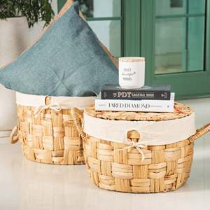 Juego de 2 cestas con tapa de jacinto de agua marrón claro hechas a mano, almacenamiento plegable de lino, artesanía de Kim Son, origen del pueblo para - Product Image 4