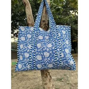 Bolsa de Mano Extra Grande Acolchada de Algodón, Ecológica, Resistente, para Compras, Fin de Semana, Reversible, Azul y Blanco Vibrantes - Product Image 1