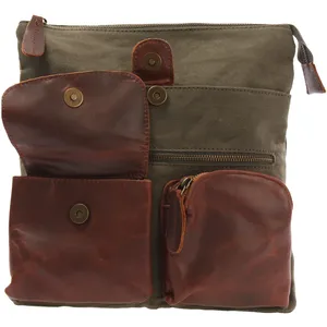 Khaki green canvas <b>cross</b> <b>body</b> <b>bag</b> with waxy brown <b>leather</b> multi pocket adjustable shoulder strap - Product Image 6