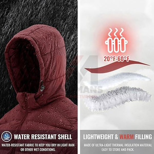 Mens Hooded Water Resistant Puffer Jacket Detachable Hood Lightweight Winter <b>Coat</b> Pockets Elastic Cuffs Adjustable Hem - Product Image 5