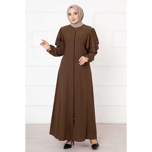 Vestido Abaya marrón con hombro con volantes y manga fruncida Ropa musulmana informal modesta Logotipo personalizado Barato - Product Image 3